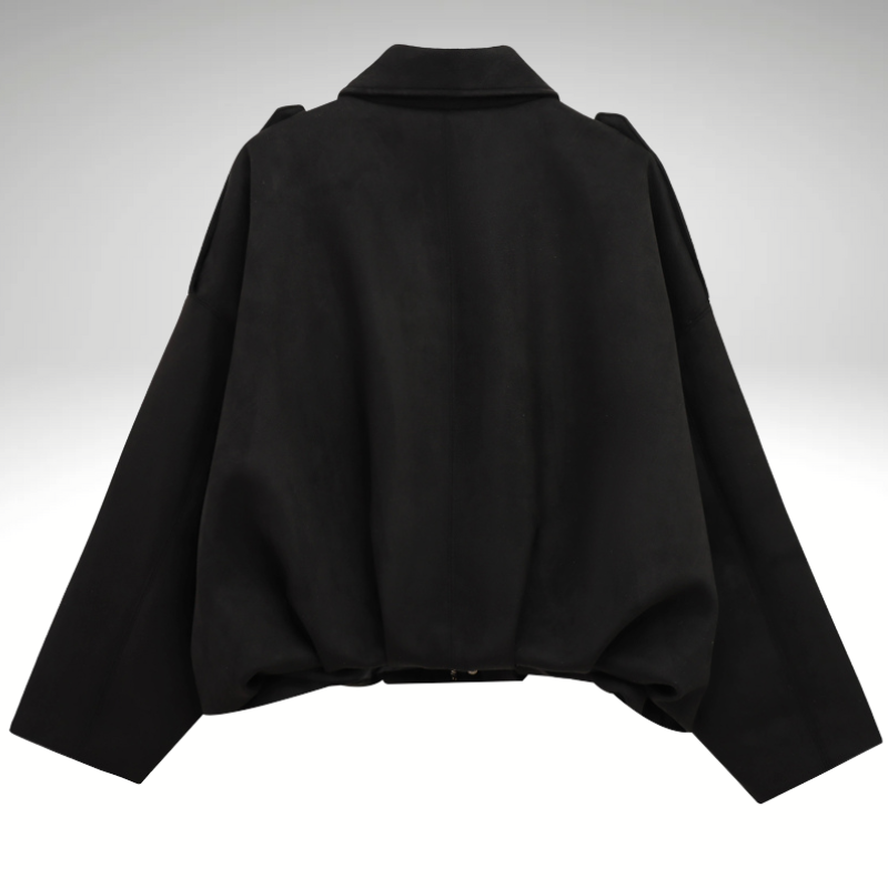 Back view of women’s black zip-up bomber jacket