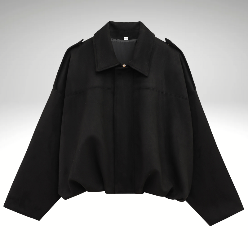 Women’s black suede bomber jacket front view