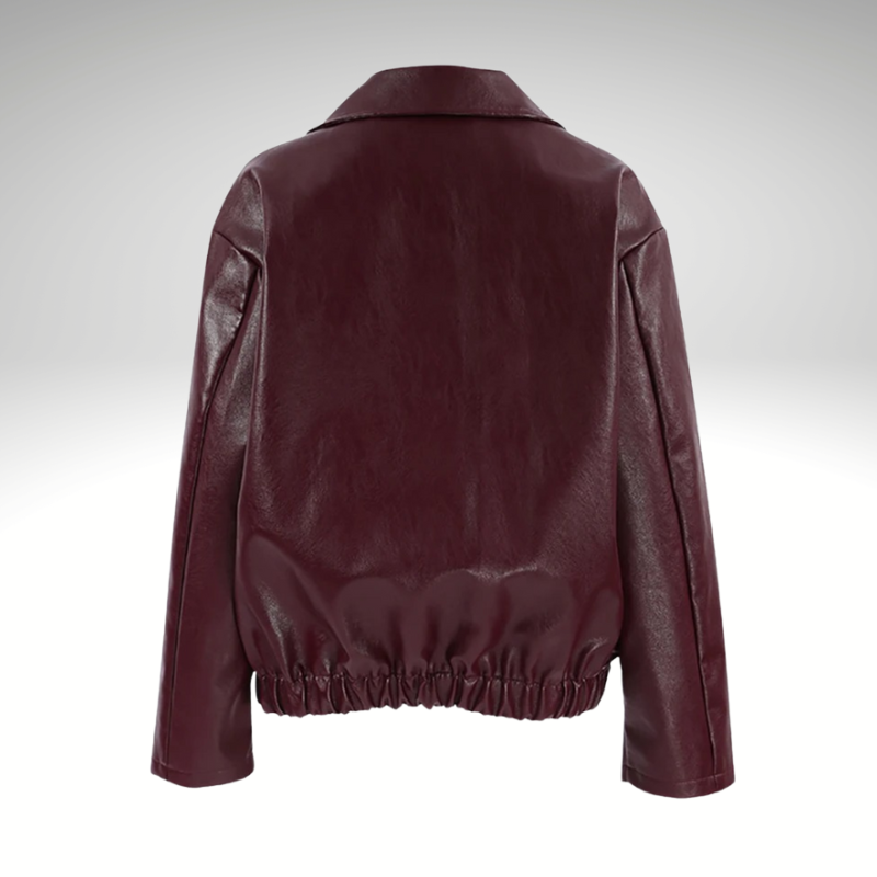 Back view of women’s bomber jacket – fitted cut with neat finishing