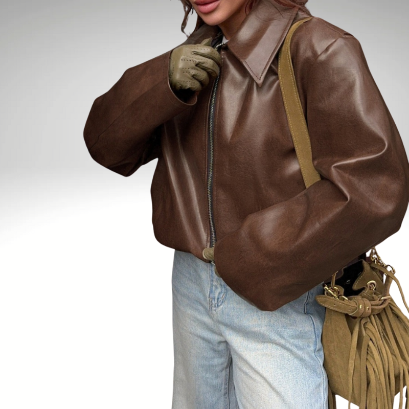 Women’s brown bomber jacket leather-look – front view, trendy fall-winter coat