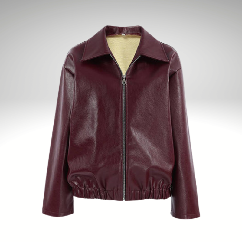Women’s burgundy bomber jacket leather-look – front view, stylish and modern