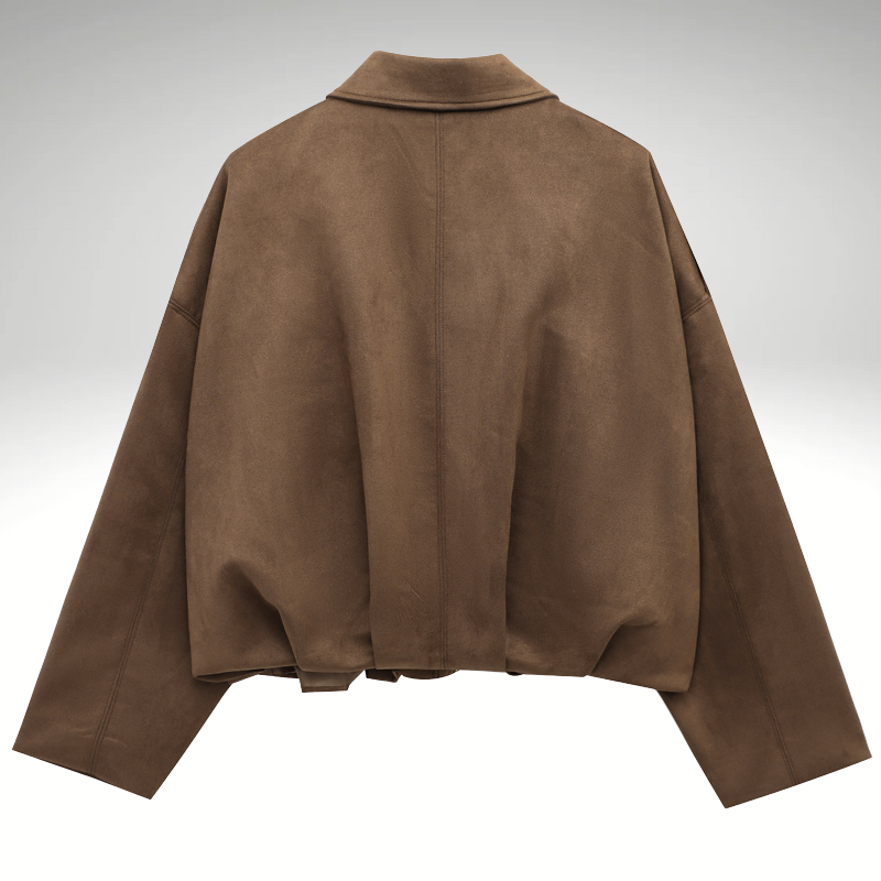 Back view of women’s brown zip-up bomber jacket