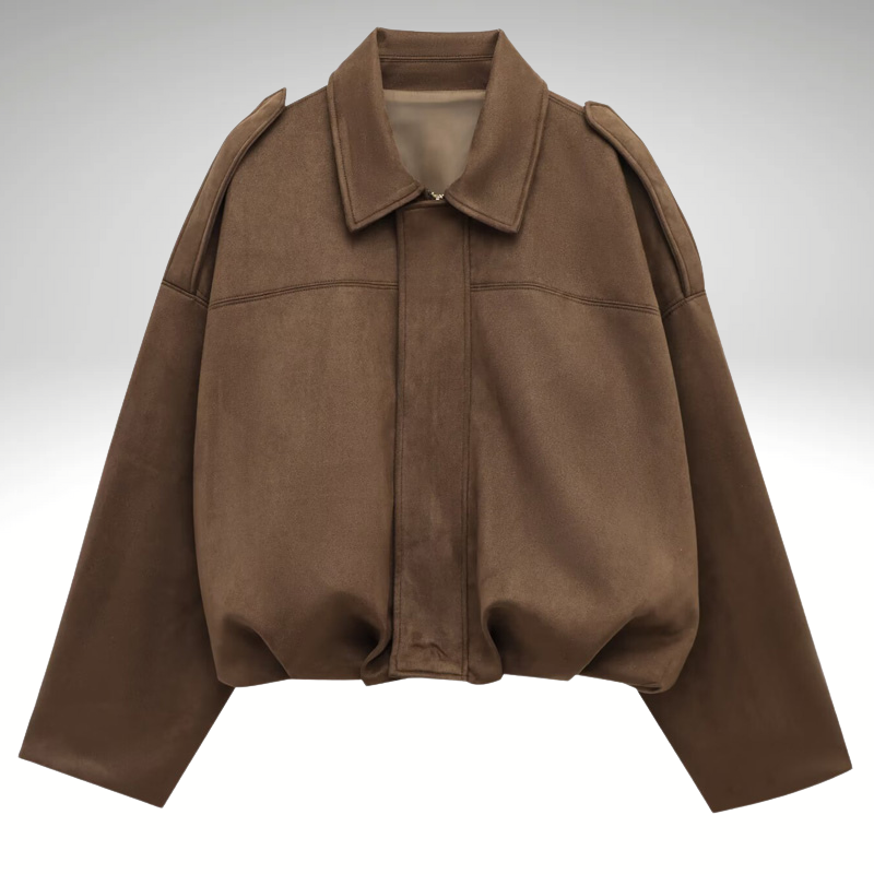 Women’s brown suede bomber jacket front view