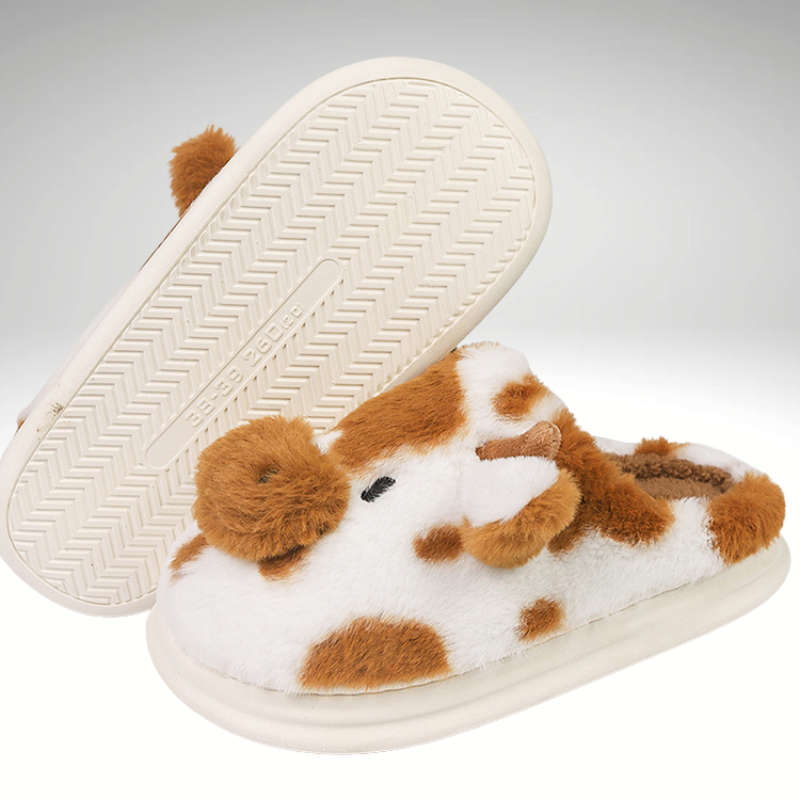 Women’s brown cow print cozy indoor slippers with warm lining