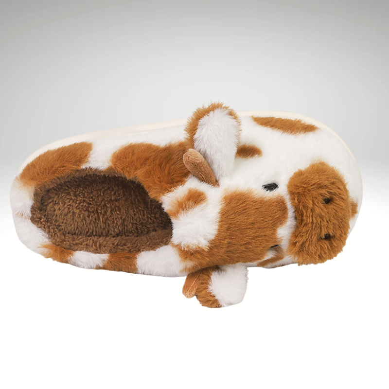 Women’s brown cow fuzzy slippers with plush ears and horns