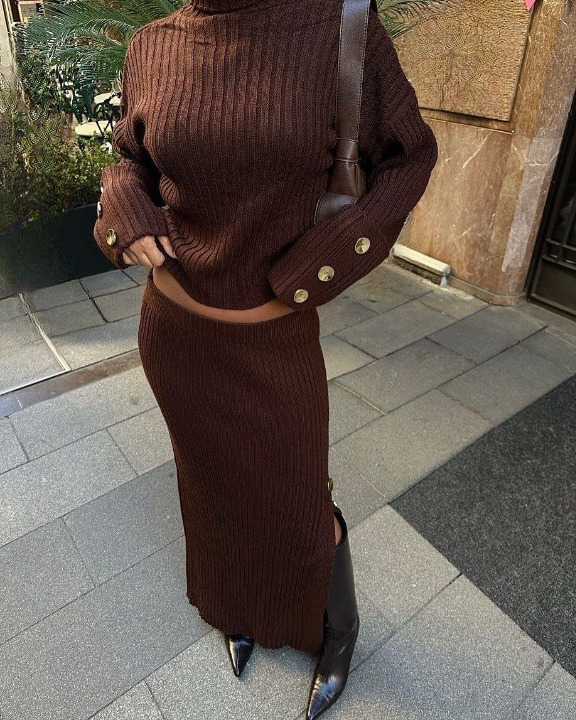 Women’s brown knitted set with turtleneck sweater and long slit skirt – fall winter fashion