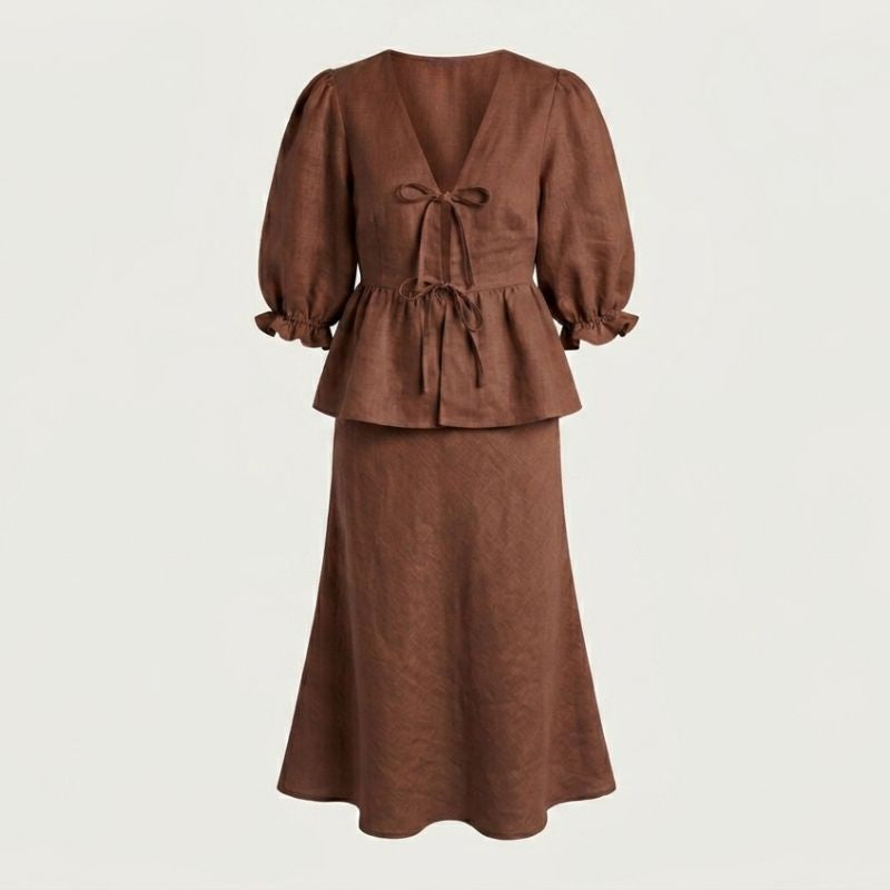 brown women two piece clothing fabric and lace up neckline detail
