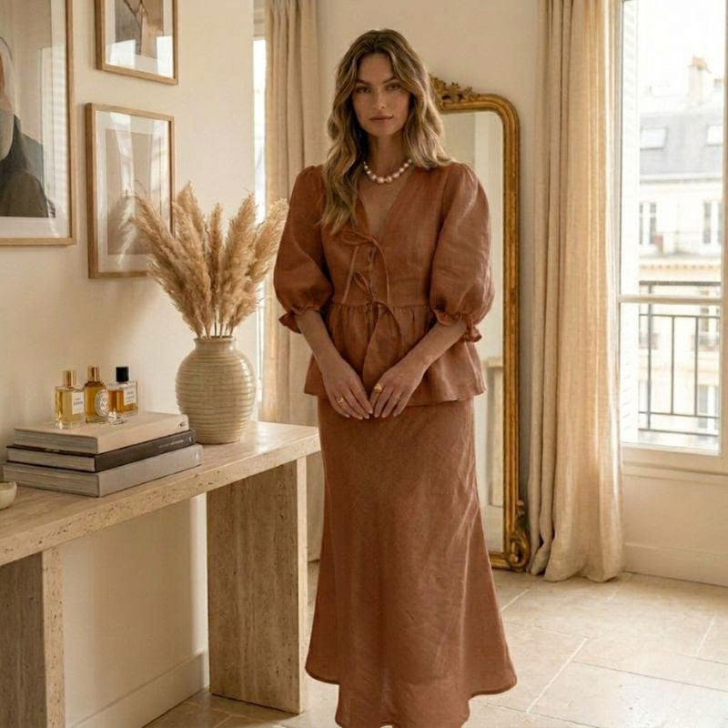 women brown summer maxi skirt outfit