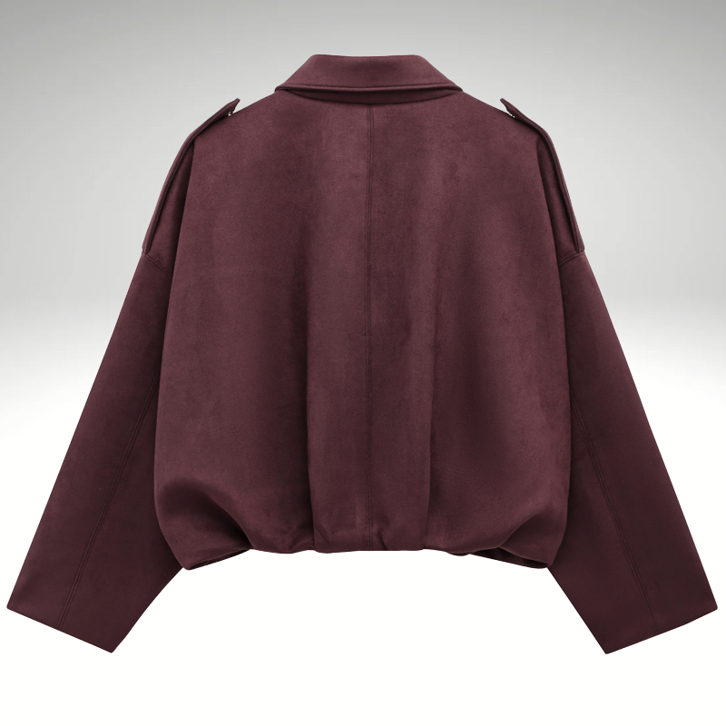 Back view of women’s burgundy zip-up bomber jacket