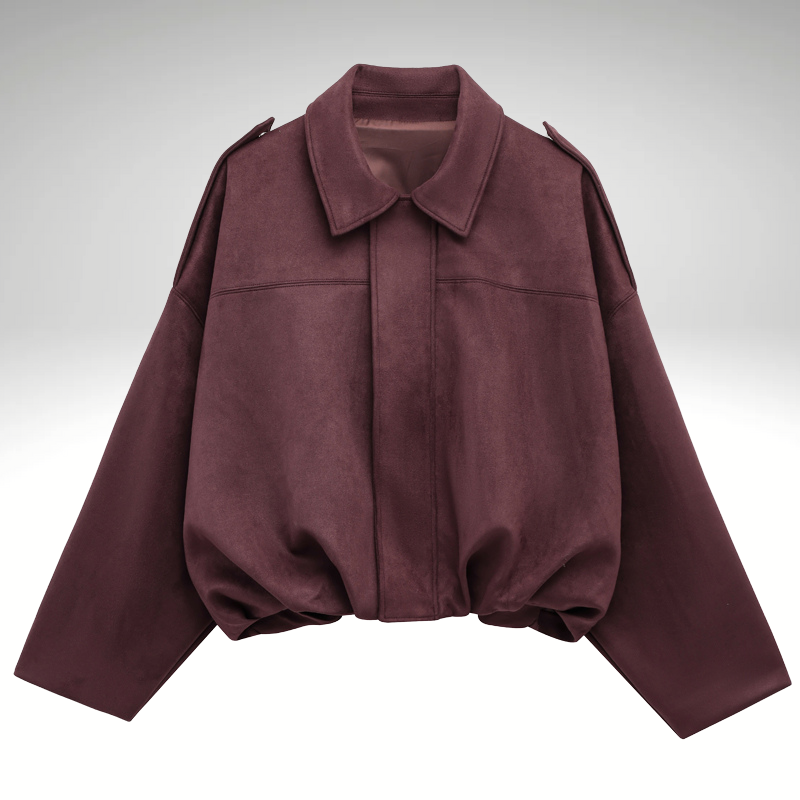 Women’s burgundy suede bomber jacket front view