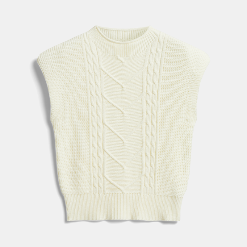 Close-up detail of the cable-knit texture and high neck of the women's sweater