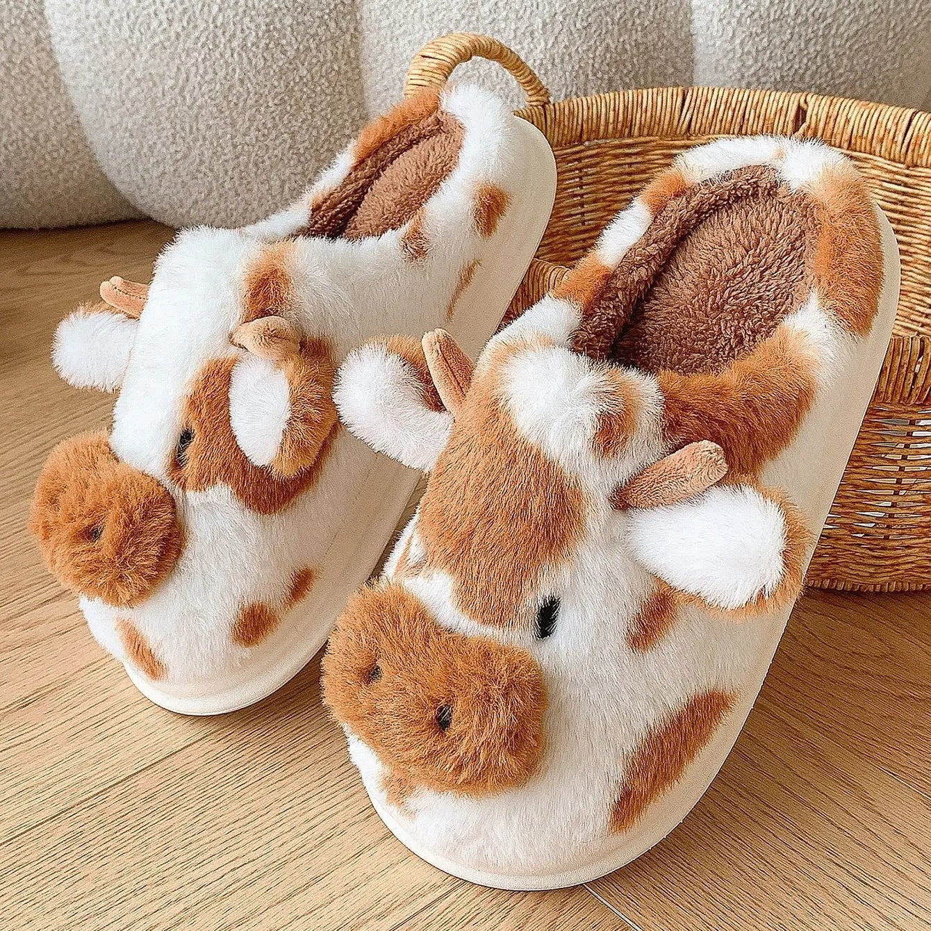 Brown cow print cozy indoor slippers for women