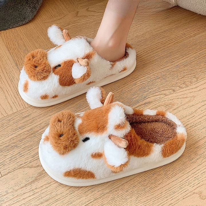 Brown cow print cozy indoor slippers for women