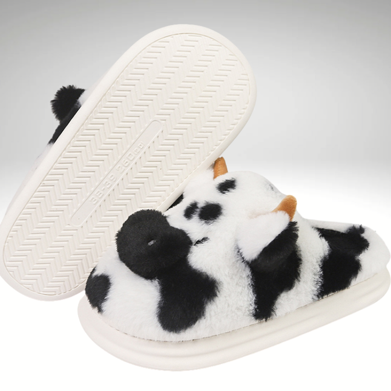 Women’s black cow plush slippers for winter with soft thick sole