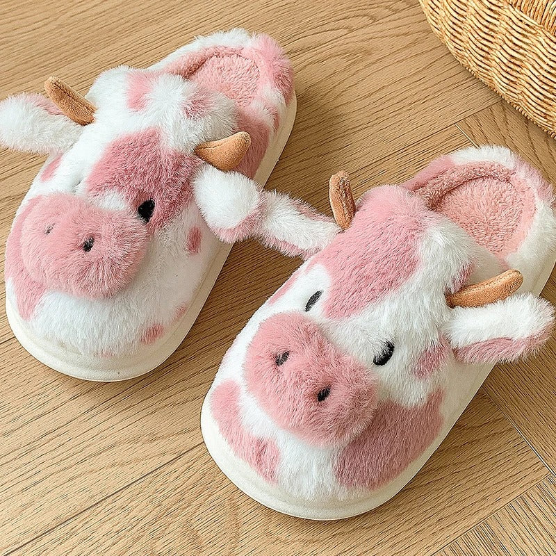 Pink cow fuzzy slippers for women with plush design