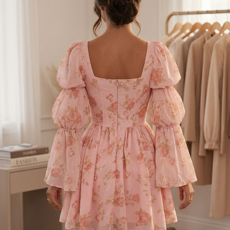 Women’s floral mini dress with long sleeves back view closed-back design