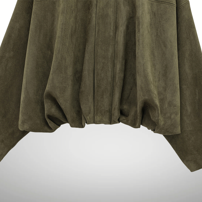 Back view of women’s green zip-up bomber jacket