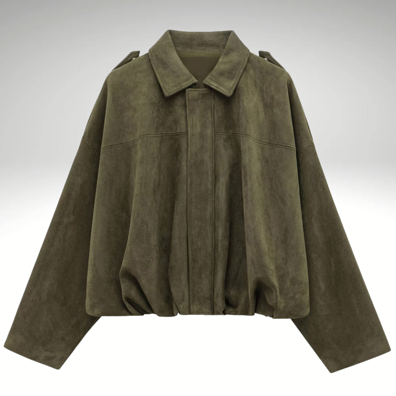 Women’s green suede bomber jacket front view