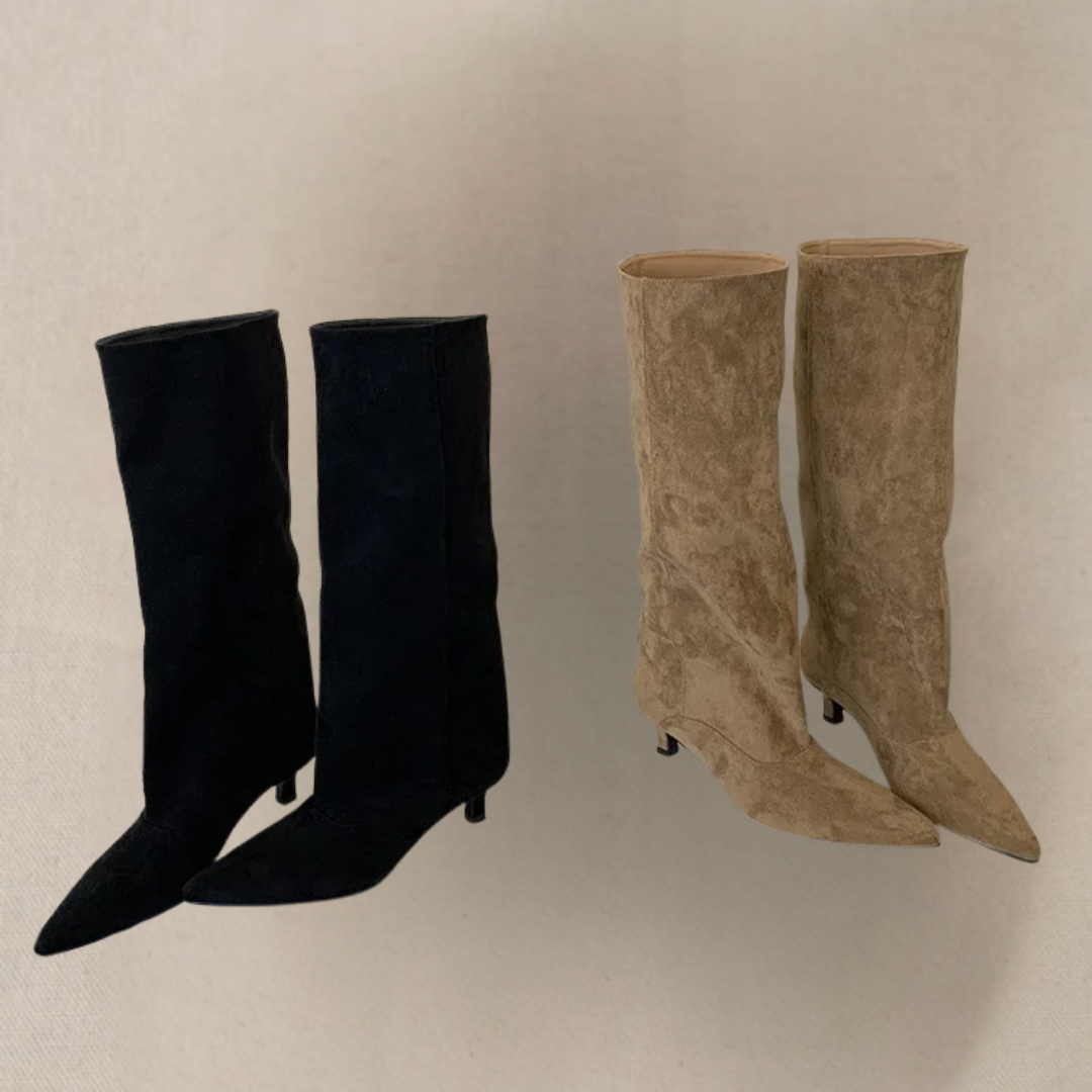 Women’s winter knee-high boots available in black and camel – elegant pointed toe, ergonomic low heel, water-resistant design