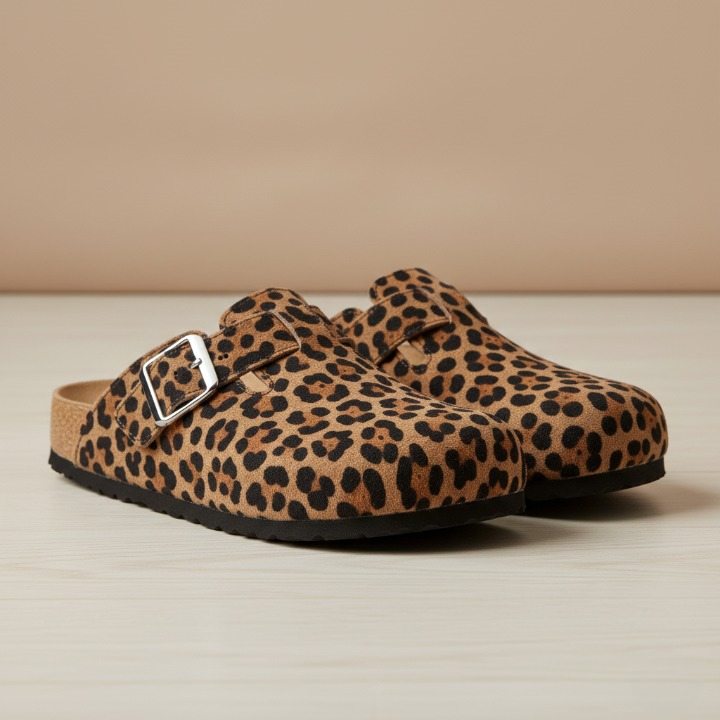 Women’s trendy leopard print slip-on mules with buckle