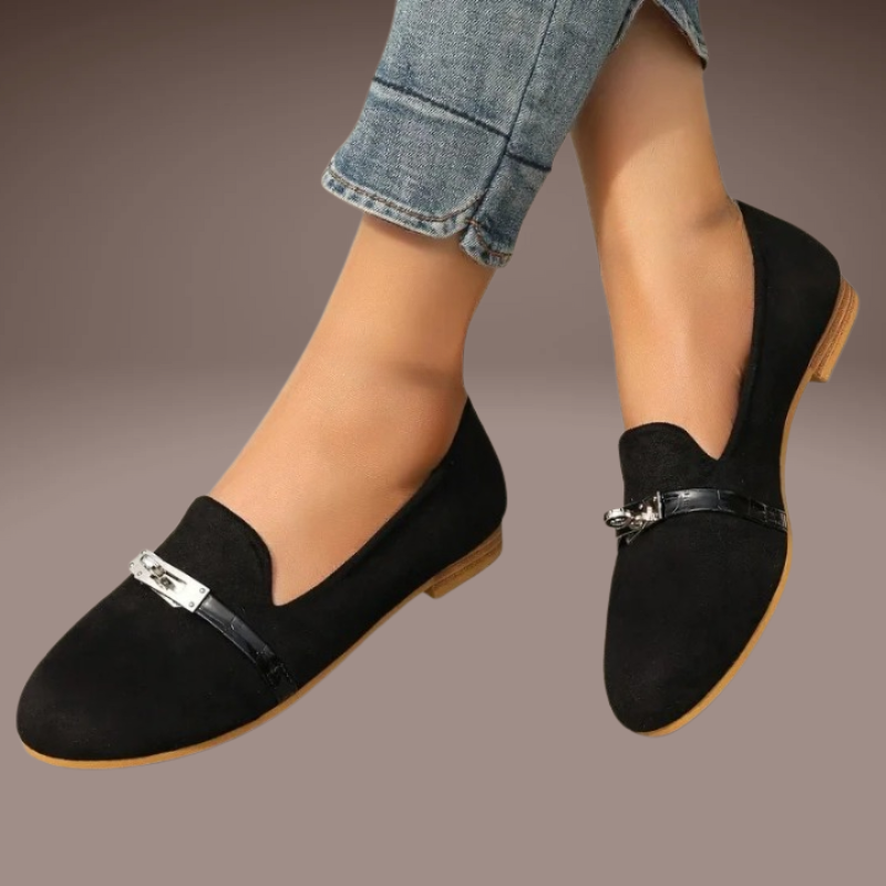 Black women’s loafers elegant with metal buckle view side 