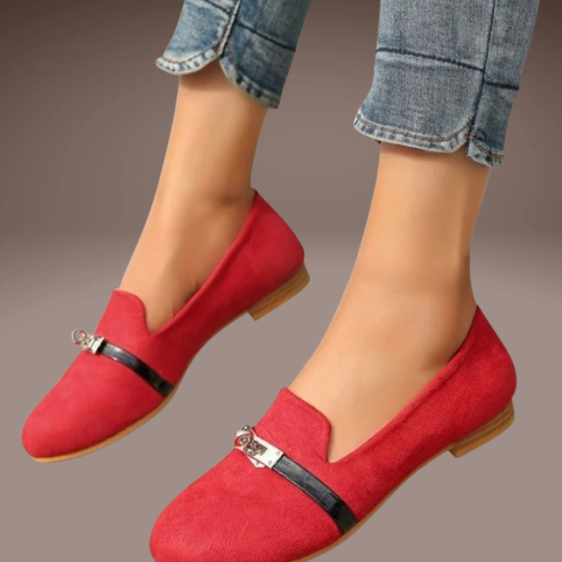 Red women’s loafers elegant with shiny metal detail