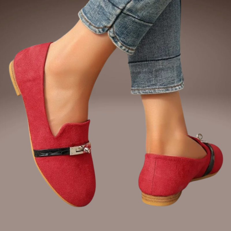 Red women’s loafers elegant with shiny metal detail view side 