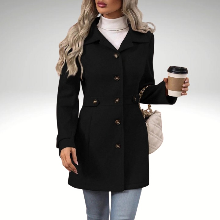 Black autumn winter wool coat for women with fitted cut and high collar
