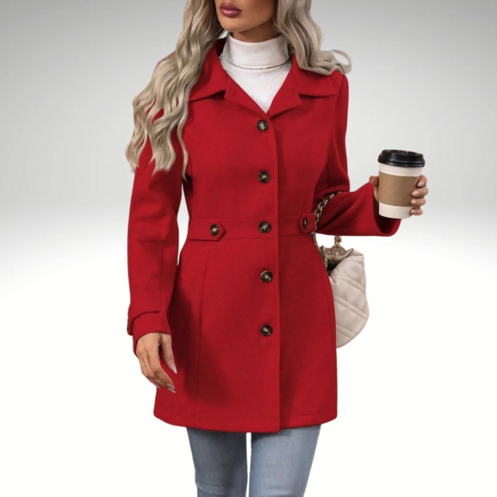 Elegant red women’s wool coat mid-length tweed design