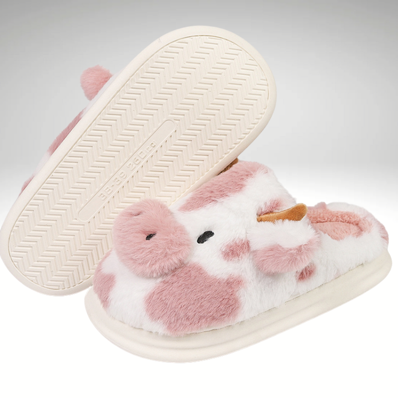 Women’s pink cow print cozy indoor slippers with warm lining