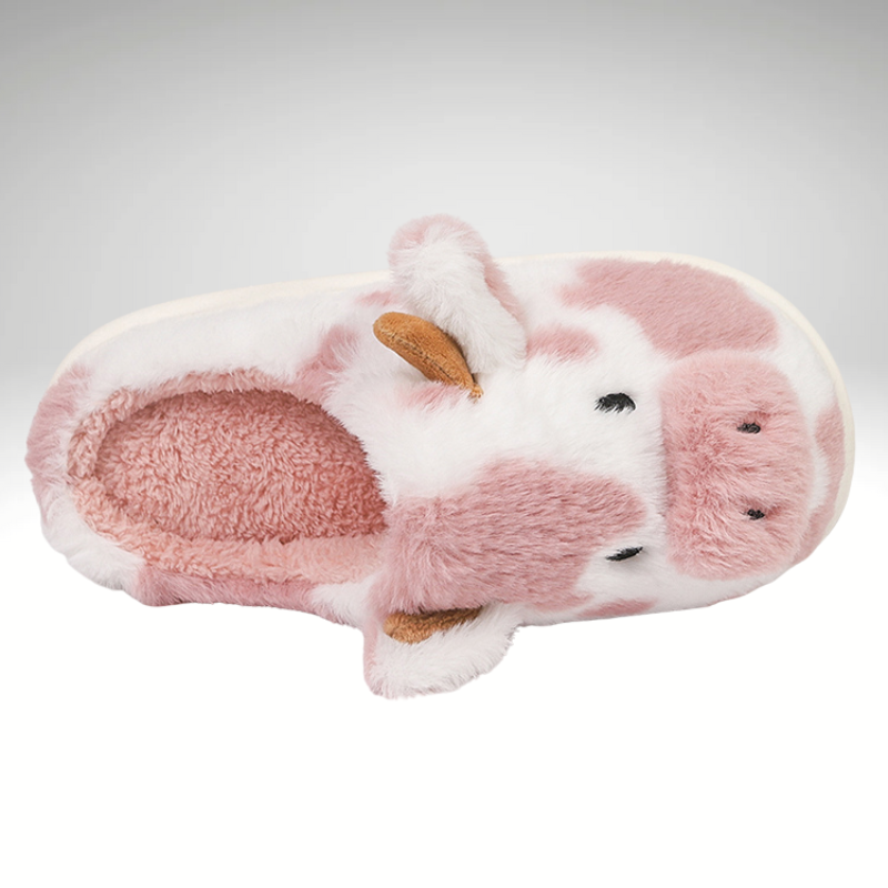 Women’s pink cow fuzzy slippers with plush ears and horns