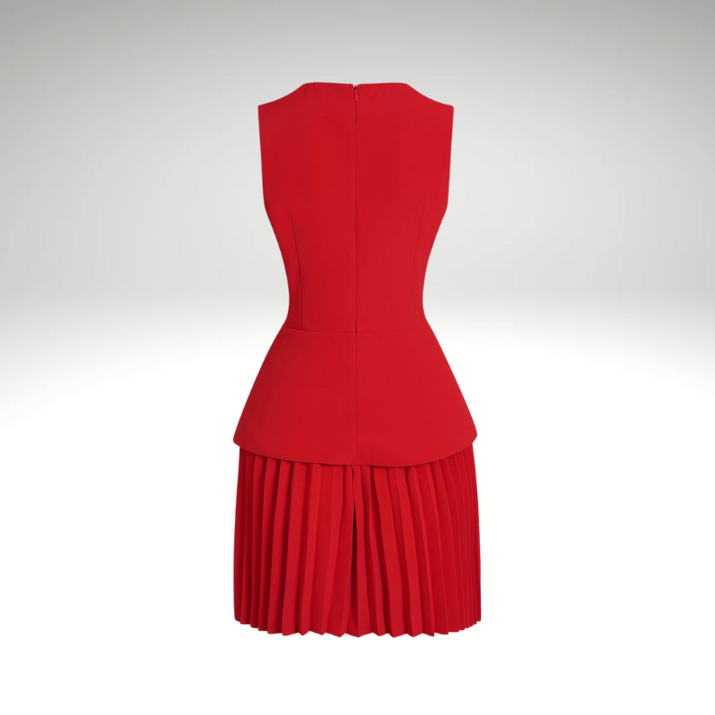 Women’s pleated mini dress back view in red 