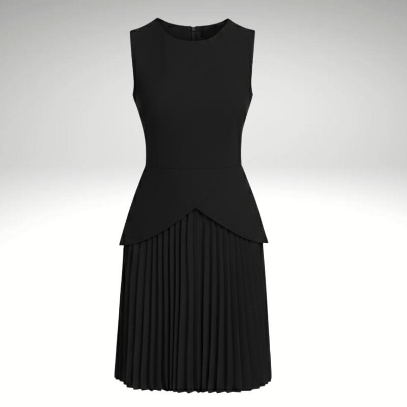Pleated hem detail of women’s mini dress in black