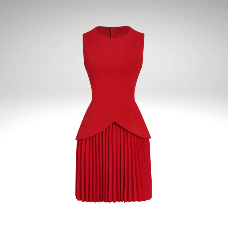 Pleated hem detail of women’s mini dress in red