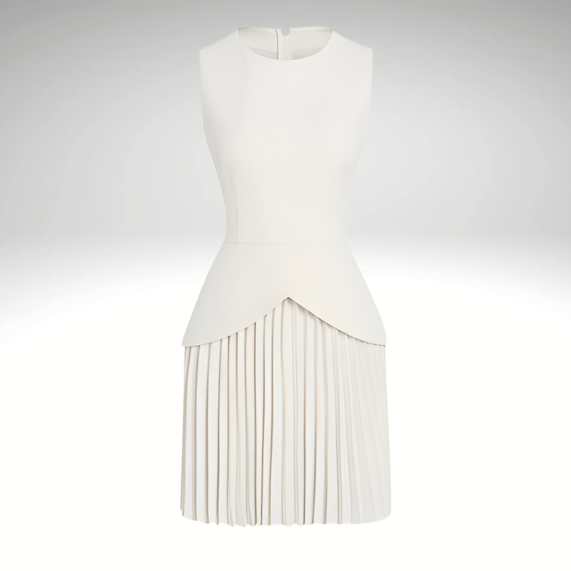 Pleated hem detail of women’s mini dress