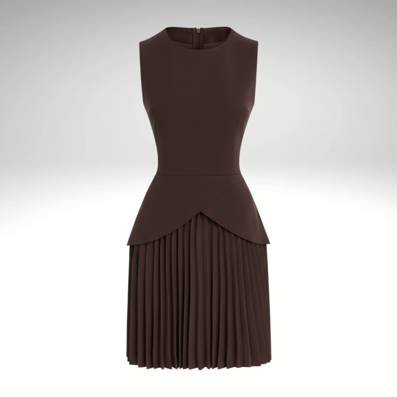 Women’s pleated mini dress front view in brown