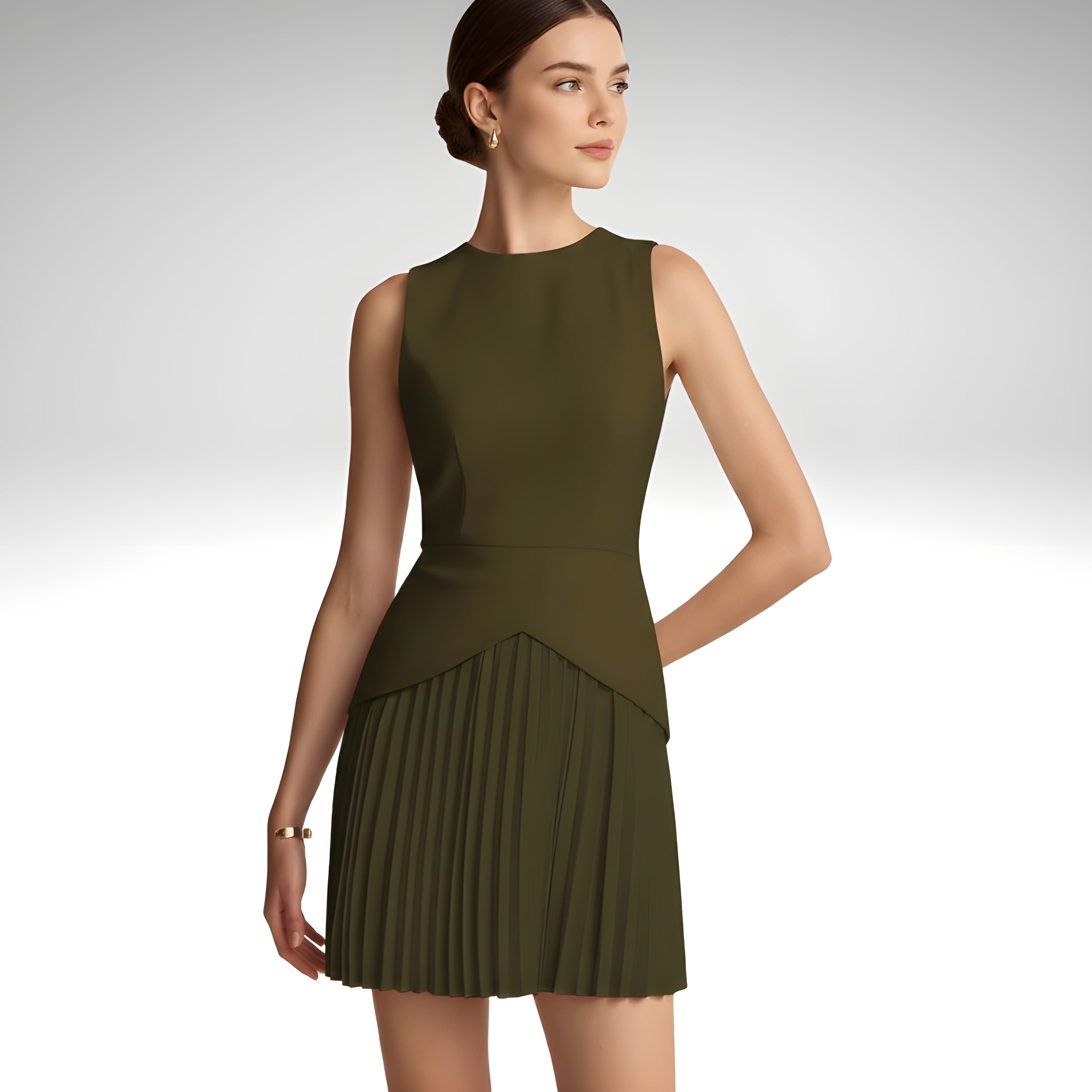 Women’s pleated mini dress front view green 