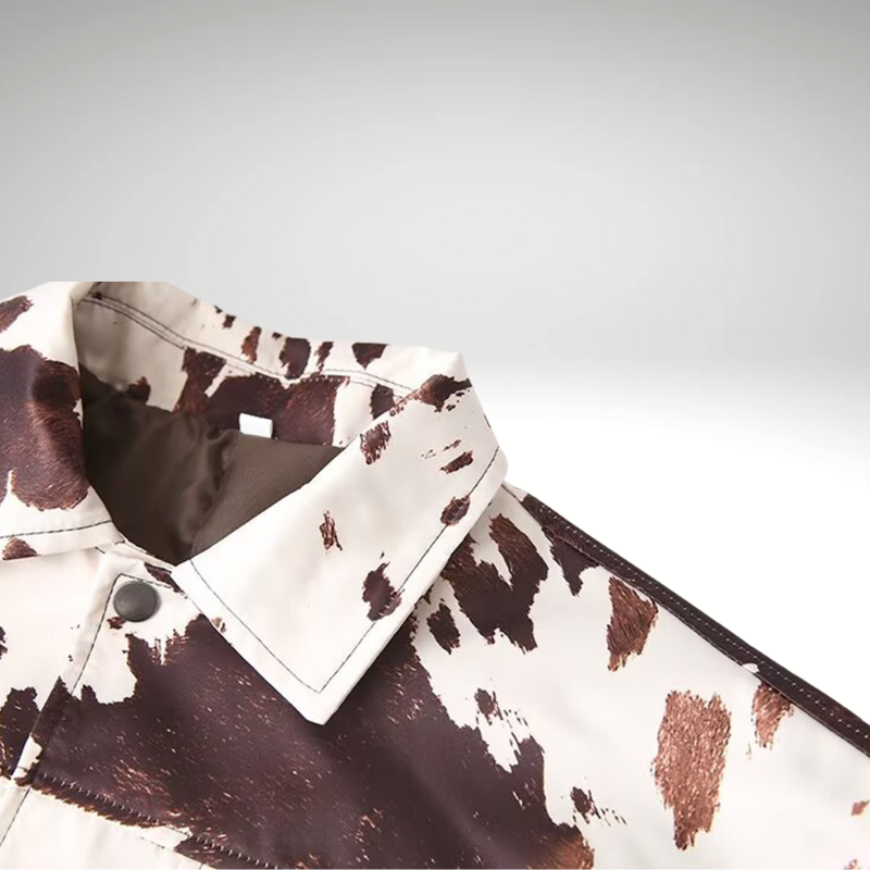 Close-up of printed pattern and patch pockets on jacket