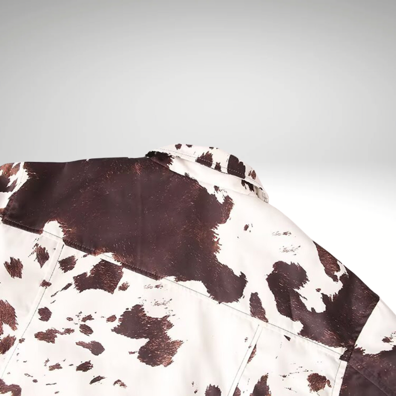 Close-up of printed pattern and patch pockets on jacket