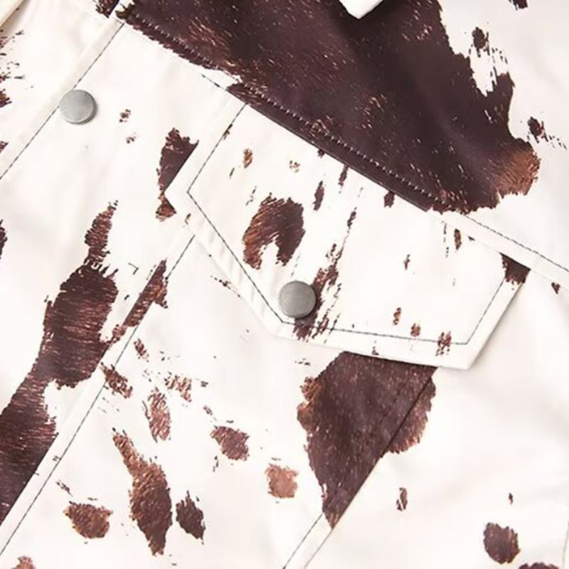 Close-up of printed pattern and patch pockets on jacket