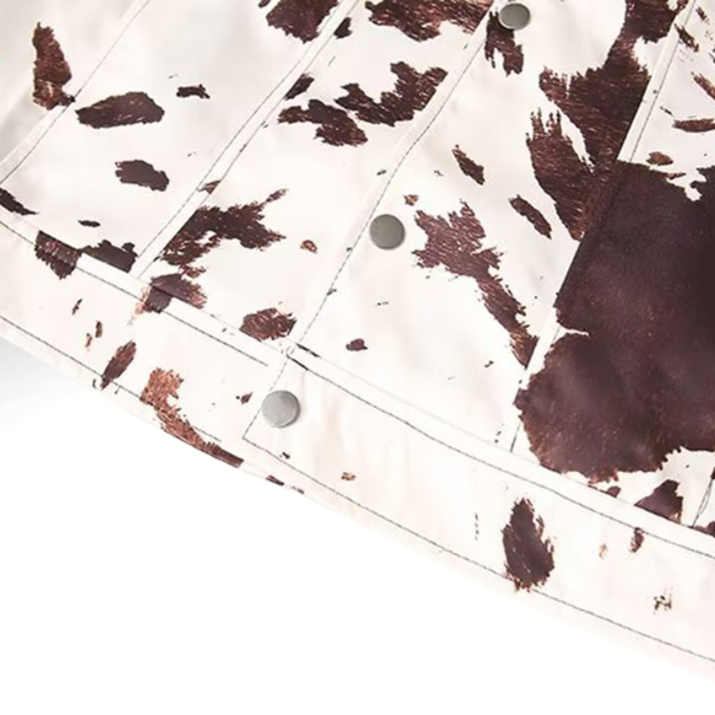 Close-up of printed pattern and patch pockets on jacket