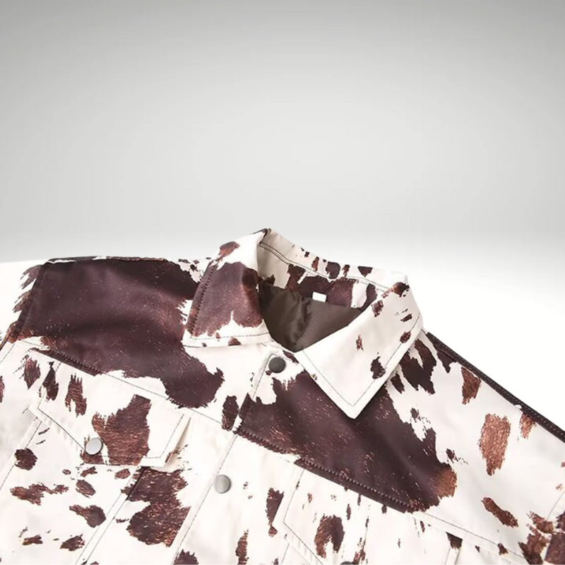 Close-up of printed pattern and patch pockets on jacket