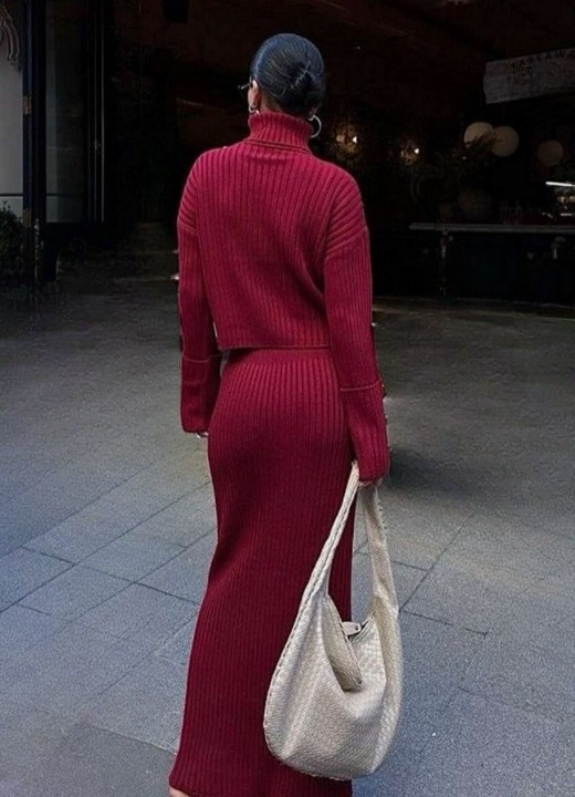 Back view of women’s red knitted turtleneck set with long skirt