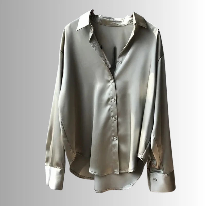 Chic green satin blouse for women with long sleeves and collared design