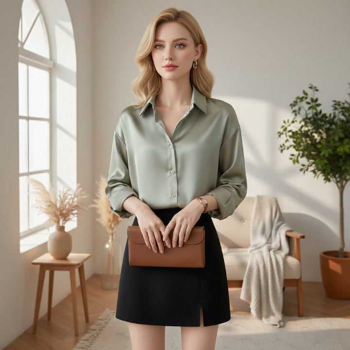 Chic green satin blouse for women with long sleeves and collared design