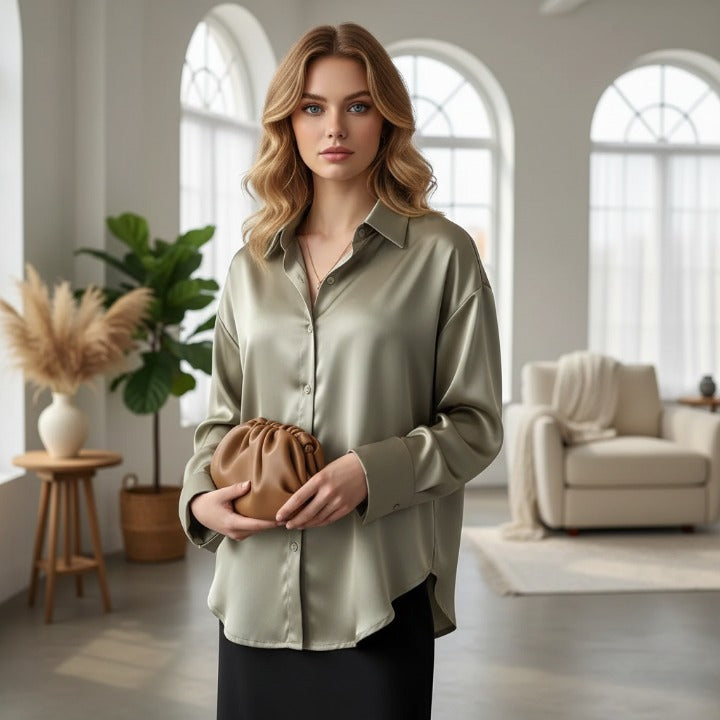 Chic green satin blouse for women with long sleeves and collared design_ side