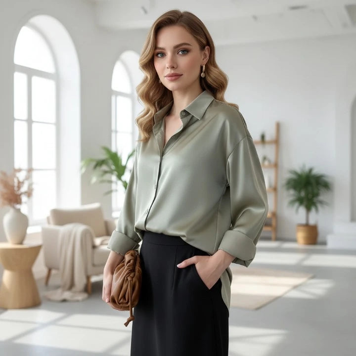 Chic green satin blouse for women with long sleeves and collared design