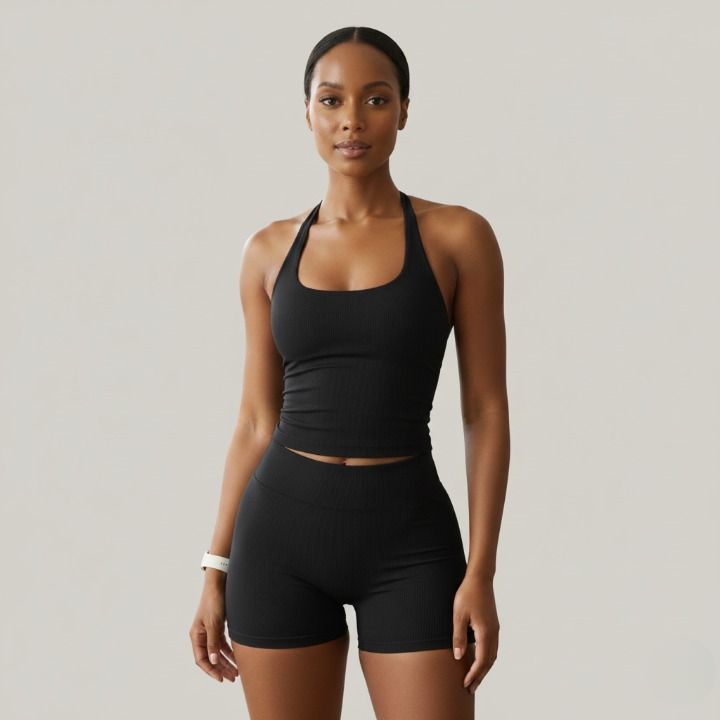 Black seamless fitness top with built-in bra and free bottom included