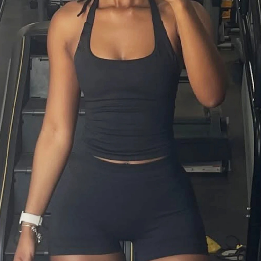 Top de sport noir femme sans coutures à col licou avec soutien-gorge intégré + bas offert – Débardeur yoga à bretelles