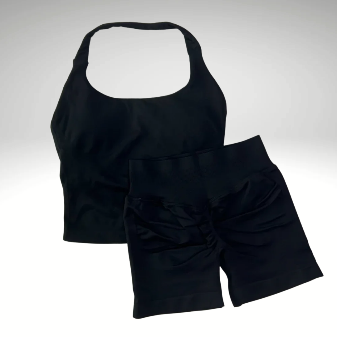 Black seamless fitness top with built-in bra and free bottom included